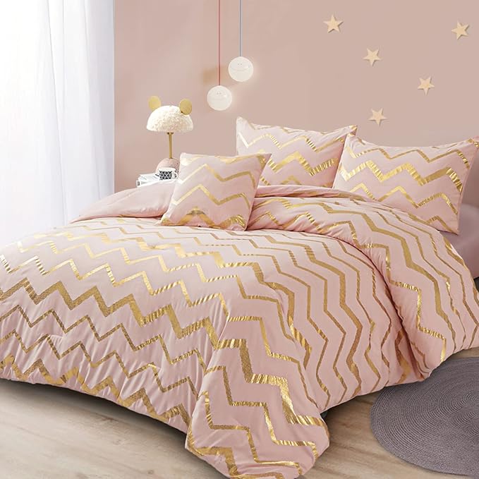 Pink Comforter Set Queen Size, Metallic Blush and Rose Gold Bedding Set, 4 Piece Lightweight Microfiber Bed Set for Teen Girls Women (2 Pillow Shams + 1 Decorative Pillow Sham) - LeafyLoom