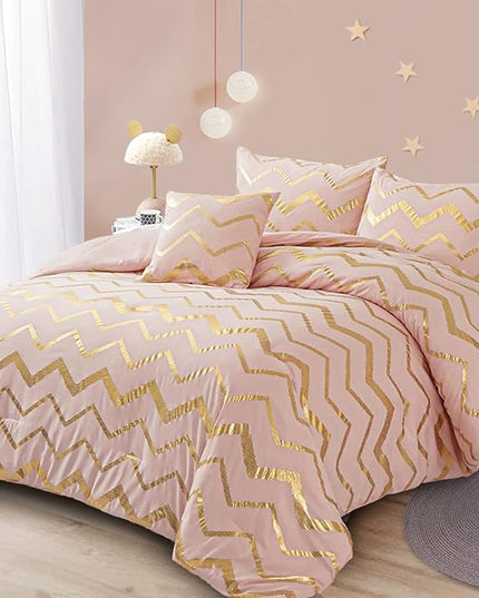 Pink Comforter Set Twin Size, Metallic Blush and Rose Gold Bedding Set, 3 Piece Lightweight Microfiber Comforter for Teen Girls Women (1 Pillow Sham + 1 Decorative Pillow Sham) - LeafyLoom