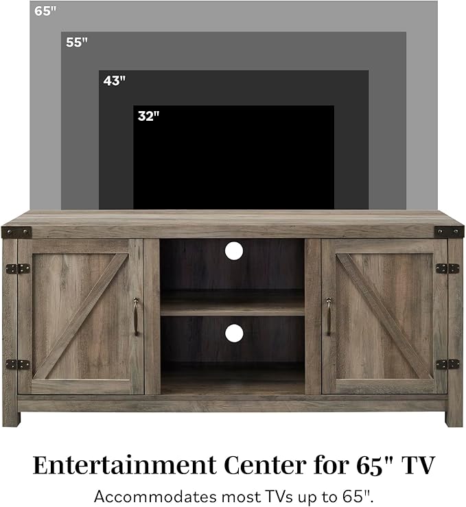 Walker Edison Larae Modern Farmhouse Two-Tone Barn Door Stand for TVs up to 65 Inches, Without Fireplace, Rustic Oak/White - LeafyLoom