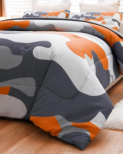 Meeting Story Camouflage Bedding Set, Colorful Pattern Style Comforter Set, 5 PCS One Comforter Two Pillowcases Two Sheets in One Bag, All Season Bedspread for Teens Adults (Orange, Queen 5Pcs) - LeafyLoom