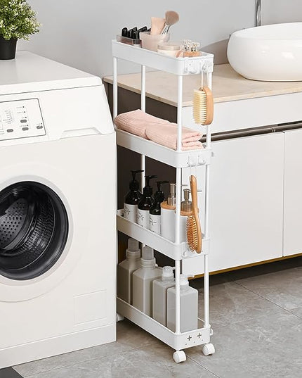 TOOLF Slim Rolling Storage Cart, 4 Tier Bathroom Organizer, Skinny Rolling Utility Cart on Wheels with Hooks, Mobile Shelving Unit Organizer for Kitchen, Bathroom, Laundry, Narrow Places, White - LeafyLoom