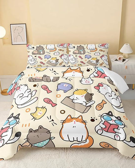 Kawaii Cat Comforter King,Kawaii Animals Comforter Set for Kids Teens Girls,3Pcs Bedding Set Printed Comforter with 2 Pillowcases,Down Alternative,Soft and Lightweight，King Size - LeafyLoom