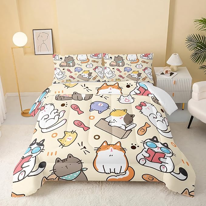 Kawaii Cat Comforter King,Kawaii Animals Comforter Set for Kids Teens Girls,3Pcs Bedding Set Printed Comforter with 2 Pillowcases,Down Alternative,Soft and Lightweight，King Size - LeafyLoom