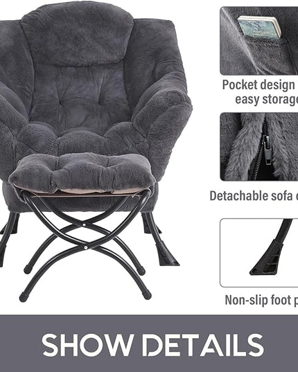 LITA Lazy Chair with Ottoman, Modern Accent Leisure Upholstered Sofa Chair, Lounge Reading Chair with Armrests and a Side Pocket for Living Room, Bedroom & Small Space, Plush Navy - LeafyLoom