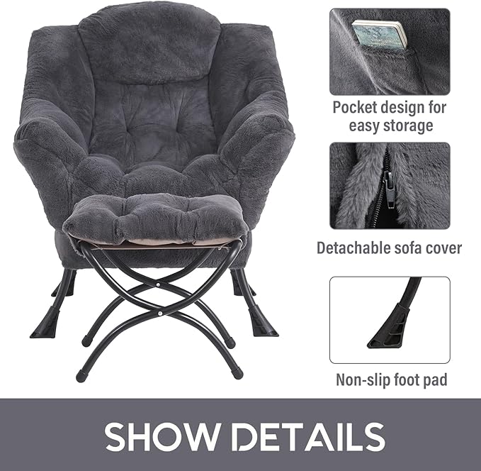 LITA Lazy Chair with Ottoman, Modern Accent Leisure Upholstered Sofa Chair, Lounge Reading Chair with Armrests and a Side Pocket for Living Room, Bedroom & Small Space, Plush Navy - LeafyLoom