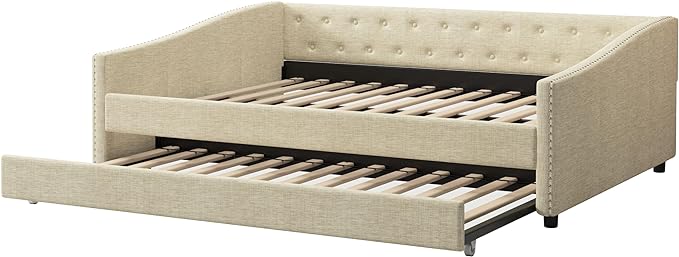 Full Size Upholstered Daybed with Twin Size Trundle,Wood Sofa Bed Frame W/Button Tufted Back and Nailhead Decorated Waved Shape Arms,Slat Support,for Bedroom,Living Room,Apartment,Beige - LeafyLoom