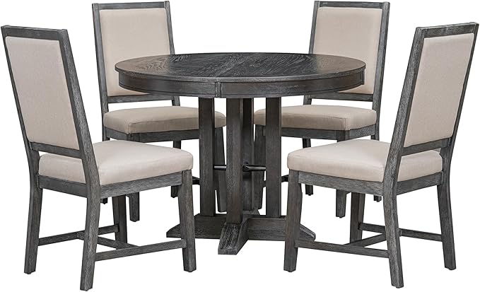 Extendable Round Upholstered, X-Shape Base, Modern Small Kitchen Chairs Room Home Furniture Breakfast Nook, Dining Table Set for 4-6, Black - LeafyLoom