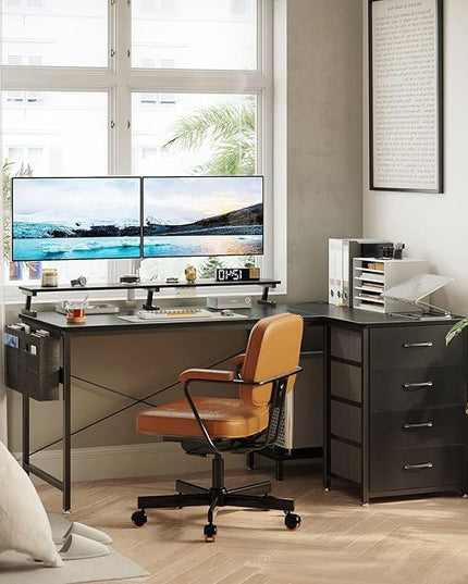 KKL 55 inch L Shaped Computer Desk with USB Charging Port & Power Outlet, L-Shaped Corner Desk with 4 Tier Drawer & Monitor Shelf for Home Office Workstation, Modern Style Writing Table, Black - LeafyLoom