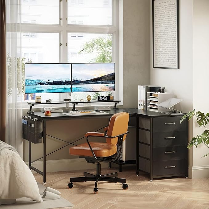 KKL 55 inch L Shaped Computer Desk with USB Charging Port & Power Outlet, L-Shaped Corner Desk with 4 Tier Drawer & Monitor Shelf for Home Office Workstation, Modern Style Writing Table, Black - LeafyLoom