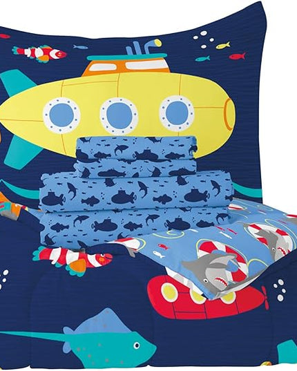 dream FACTORY Kids 5-Piece Complete Set Easy-Wash Super Soft Microfiber Comforter Bedding, Twin, Navy Submarine - LeafyLoom