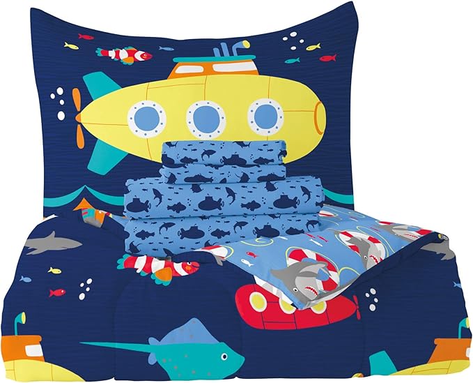 dream FACTORY Kids 5-Piece Complete Set Easy-Wash Super Soft Microfiber Comforter Bedding, Twin, Navy Submarine - LeafyLoom