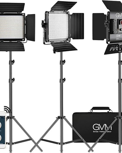 GVM 3 Pack LED Video Lighting Kits with APP Control, Bi-Color Variable 2300K~6800K with Digital Display Brightness of 10~100% for Video Photography, CRI97+ TLCI97 Led Video Light Panel +Barndoor GVMGreatVideoMaker