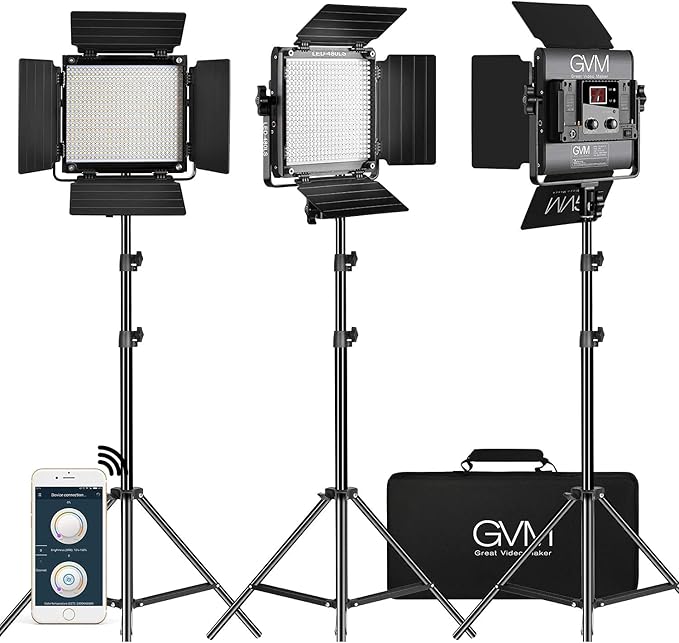 GVM 3 Pack LED Video Lighting Kits with APP Control, Bi-Color Variable 2300K~6800K with Digital Display Brightness of 10~100% for Video Photography, CRI97+ TLCI97 Led Video Light Panel +Barndoor GVMGreatVideoMaker