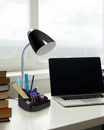 Simple Designs LD1067-BLK Compartmental Desk Lamp with iPhone/iPad/Tablet Stand, Bendable Gooseneck, for Office, Living Room, Nightstand, Library, Entryway, Black - LeafyLoom