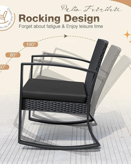 Greesum 3 Pieces Outdoor Furniture Set Patio Bistro Rocking Chairs with Glass Coffee Table for Pool Beach Backyard Balcony Porch Deck Garden, Black - LeafyLoom