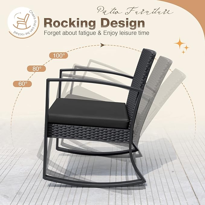 Greesum 3 Pieces Outdoor Furniture Set Patio Bistro Rocking Chairs with Glass Coffee Table for Pool Beach Backyard Balcony Porch Deck Garden, Black - LeafyLoom