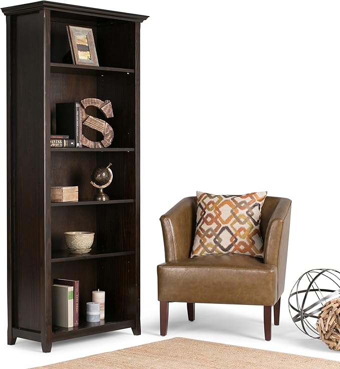 SIMPLIHOME Amherst SOLID WOOD 30 Inch Transitional 5 Shelf Bookcase in Hickory Brown, For the Living Room, Study Room and Office - LeafyLoom