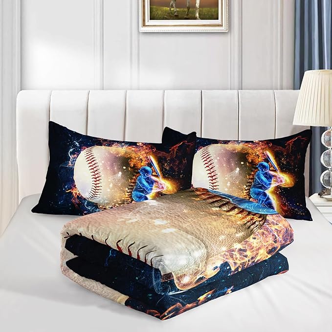 Axolotl 3D Baseball Comforter Set Full,Sports Bedding,Red Blue Water Fire Comforter Set,Sports Baseball Loveer Bedding Set,Sport Game Comforter for Kids Boys Teens Adults,1 Quilt 2 Pillowcases - LeafyLoom