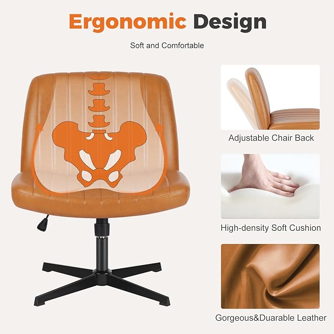 Sweetcrispy Cross Legged Office Chair, Criss Cross Chair Armless Wide Desk Chair No Wheels, Adjustable Swivel Home Office Vanity Chair - LeafyLoom