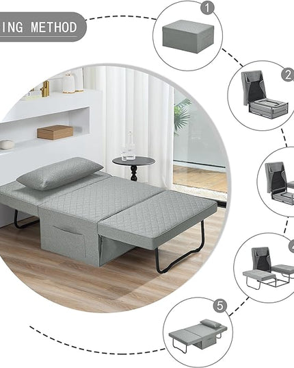 Sofa Bed, 4 in 1 Multi-Function Folding Ottoman Breathable Linen Couch Bed with Adjustable Backrest Modern Convertible Chair for Living Room Apartment Office,Squared-Linen Light Grey - LeafyLoom