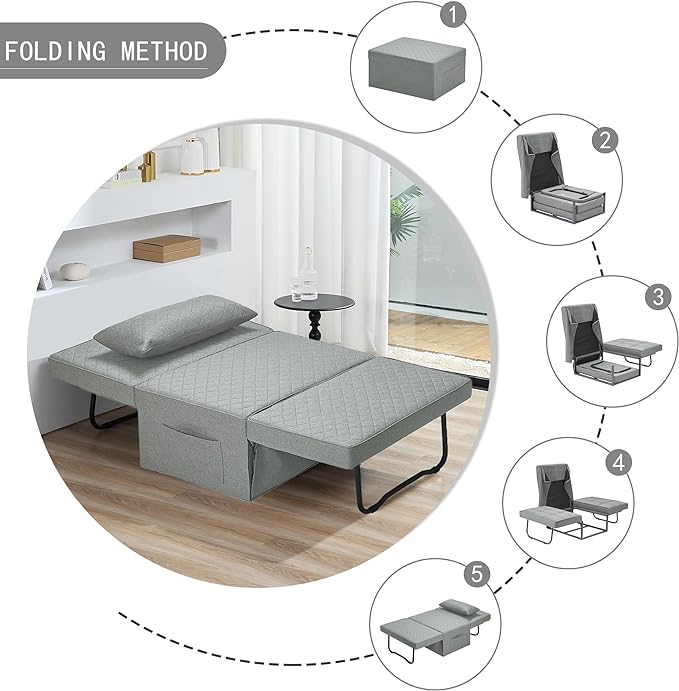 Sofa Bed, 4 in 1 Multi-Function Folding Ottoman Breathable Linen Couch Bed with Adjustable Backrest Modern Convertible Chair for Living Room Apartment Office,Squared-Linen Light Grey - LeafyLoom
