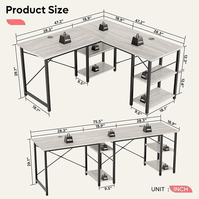Bestier L Shaped Desk with Shelves 75 Inch Reversible Corner Computer Desk or 2 Person Long Table, Writing Study Desk for Home Office Small Space Bedroom Apartment, Wash White - LeafyLoom