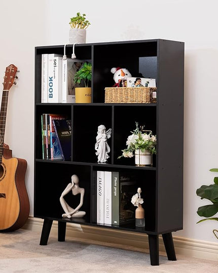 YAHARBO Black Bookshelf,3 Tier Modern Bookcase with Legs,Bookshelves Wood Storage Shelf, Open Book Shelves Cube Organizer,Freestanding Short Bookcases - LeafyLoom