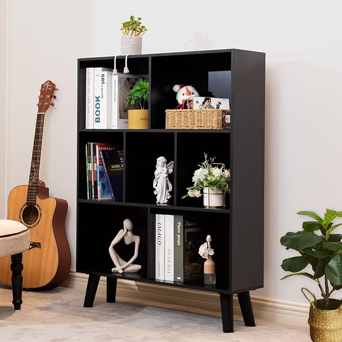 YAHARBO Black Bookshelf,3 Tier Modern Bookcase with Legs,Bookshelves Wood Storage Shelf, Open Book Shelves Cube Organizer,Freestanding Short Bookcases - LeafyLoom