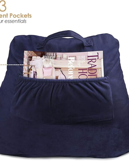 Clara Clark Reading Pillow for Kids, Small Back Pillow for Sitting Up in Bed, Memory Foam Back Support Pillow, Reading Pillows for Sitting in Bed, Navy Blue Gaming Pillow with Arms and Pockets - LeafyLoom