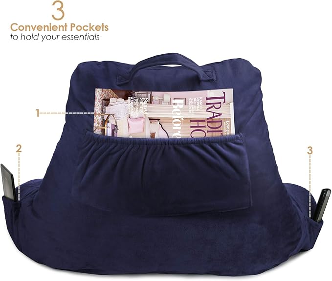 Clara Clark Reading Pillow for Kids, Small Back Pillow for Sitting Up in Bed, Memory Foam Back Support Pillow, Reading Pillows for Sitting in Bed, Navy Blue Gaming Pillow with Arms and Pockets - LeafyLoom