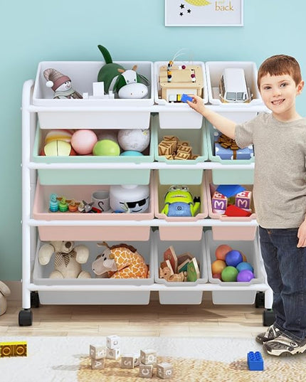 Kids Toy Storage Organizer with 12 Plastic Bins, 4-Tier Metal Toy Storage Rack, Metal Toy Organizer with Storage Bins for Kids Room, Playroom and Nursery, Multi-Color - LeafyLoom