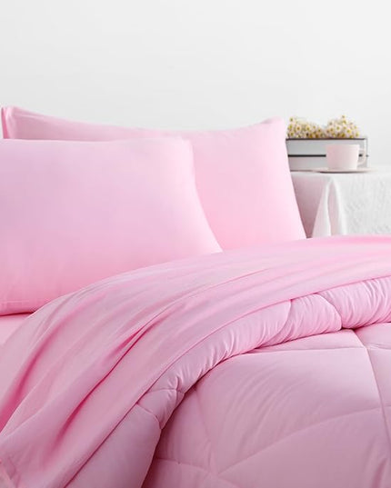 NTBAY Twin Comforter Set with Sheets, 5 Pieces Soft and Breathable Twin Bedding Set, Twin Bed in a Bag, Down Alternative Comforter Set Solid Color All Season, Kids Bedding Set, Pink - LeafyLoom