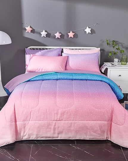 Pink Glitter Comforter Set for Teen Girls Women,Twin Size 4 Piece Bed in A Bag,Metallic Star Moon Printed Rainbow Comforter and Sheets,Ultra Soft Microfiber All Season Bedding Set(Twin,Green) - LeafyLoom
