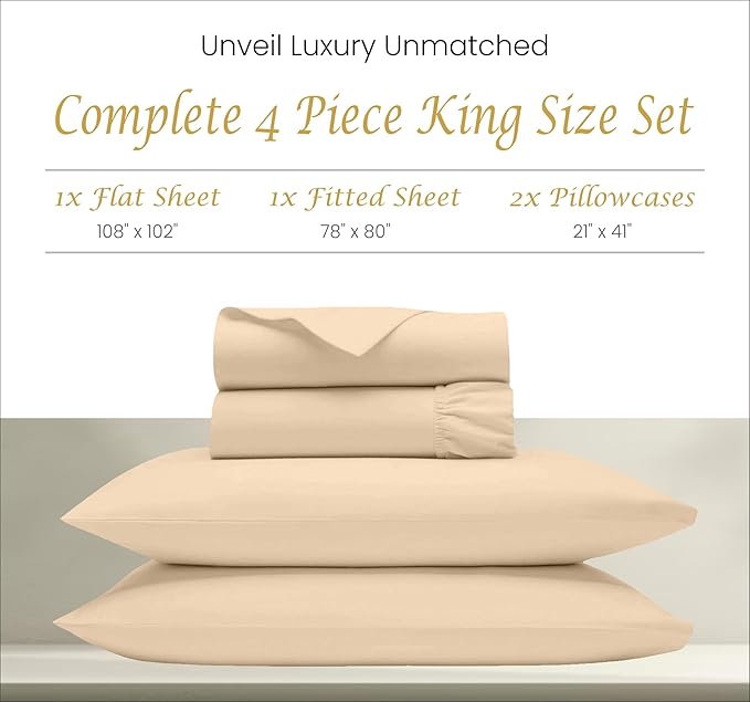 Bluemoon Homes 1000 TC King Size 4 Piece Sheet Set - 100% Egyptian Cotton Sheets - 1000 Thread Count - Breathable & Cooling - Hotel Luxury Bedding Set - 18" Deep Pockets, King Sheets - Ivory Sheets - LeafyLoom