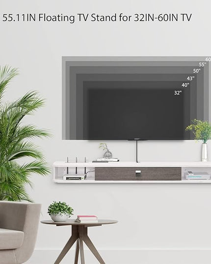 Floating TV Unit, 55'' Wall Mounted TV Cabinet, Floating Shelves with Door, Modern Entertainment Media Console Center Large Storage TV Bench for Living Room & Office (55.12IN, Grey White) - LeafyLoom