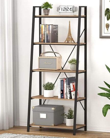 BON AUGURE Industrial 5 Tier Ladder Bookshelf, Wood and Metal Ladder Shelf Bookcase, Farmhouse Leaning Shelves for Living Room (Vintage Oak) - LeafyLoom