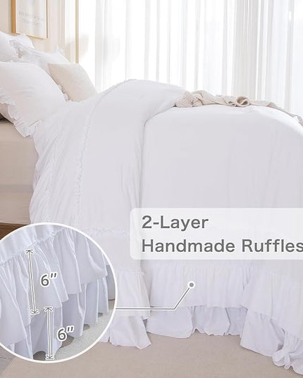Oversized King Comforter 128x120,White Shabby Boho Chic Farmhouse Bedding Comforter with Ruffles,3 Pieces Vintage Lightweight and Soft French Country Bedding Set - LeafyLoom
