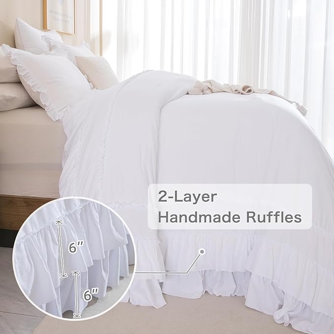 White Oversized King Comforter Set 120x120,Farmhouse Shabby Boho Chic Ruffle California King Bed Comforter Set French Country Rustic Bedding 3PCS (1 Ruffled Comforter+2 Pillow Shams) - LeafyLoom