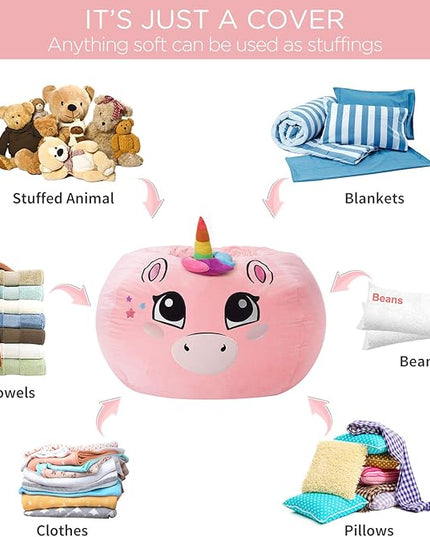 Aubliss Stuffed Animal Storage Bean Bag Chair Cover - Large Stuff 'n Sit Storage Organization for Kids - Toy Storage Bag - Chair Gifts for Girls (Large, Pink) - LeafyLoom