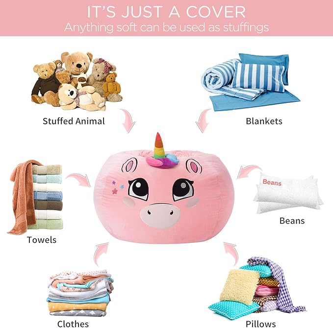 Aubliss Stuffed Animal Storage Bean Bag Chair Cover - Large Stuff 'n Sit Storage Organization for Kids - Toy Storage Bag - Chair Gifts for Girls (Large, Pink) - LeafyLoom