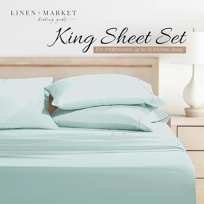 Linen Market Bed Sheets for King Size Bed (Aqua) - Sleep Better Than Ever with These Soft and Cooling King Sheets - Deep Pocket Fits 16" Thick Beds - 4 Piece King Sheet Set - LeafyLoom
