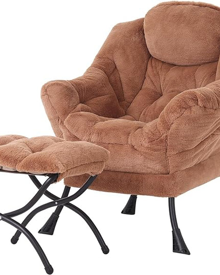 Welnow Lazy Chair with Ottoman, Modern Lounge Accent Chair with Armrests and a Side Pocket, Leisure Sofa Chair, Reading Chair with Footrest for Small Space, Corner Chair, Plush Brown - LeafyLoom