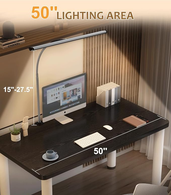 LED Desk Lamp for Home Office, Eye-Caring Computer Desk Light Bar with Adjustable Gooseneck, 12W Desk Lamp with Clamp, Remote Control, 30 Lighting Modes, Ideal for Reading, Studying - LeafyLoom