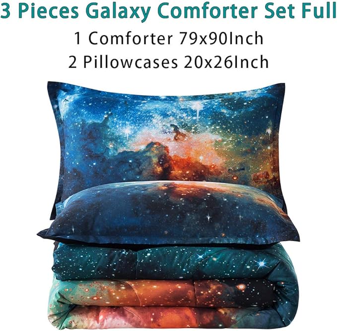 Litanika 3D Galaxy Comforter Full(79x90lnch), 3 Pieces(1 Galaxy Comforter, 2 Pillowcases), Universe Outer Space Bedding Set, Microfiber Comforter Set for Kid Boy Girl Teen - LeafyLoom