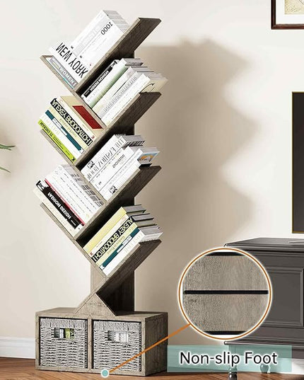 Vagusicc 6 Tier Tree Bookshelf - Retro Shelf Floor Standing Bookcase with Baskets, Tall Wood Book Storage Rack for Books/CDs, Tree Utility Book Organizer Shelves for Living Room, Home Office, Bedroom - LeafyLoom