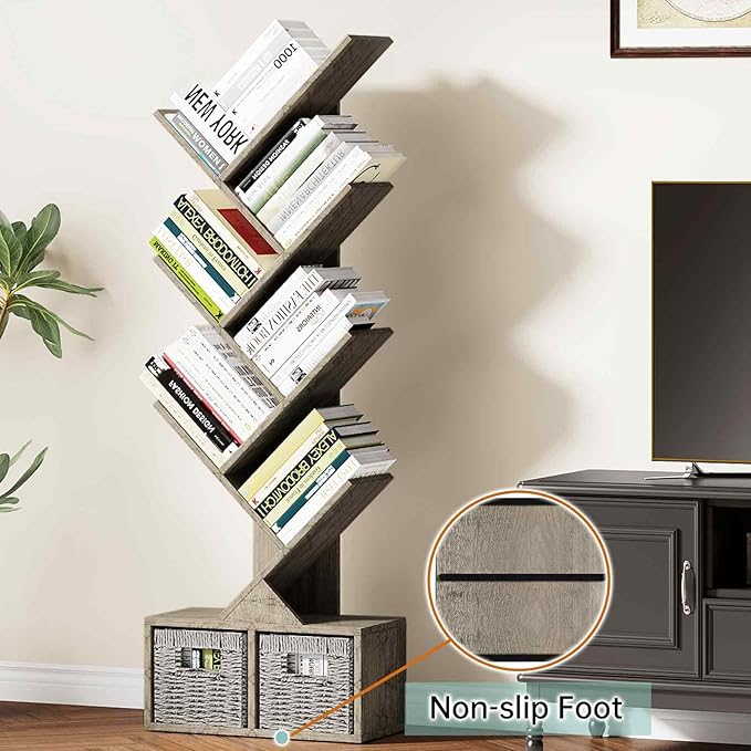 Vagusicc 6 Tier Tree Bookshelf - Retro Shelf Floor Standing Bookcase with Baskets, Tall Wood Book Storage Rack for Books/CDs, Tree Utility Book Organizer Shelves for Living Room, Home Office, Bedroom - LeafyLoom