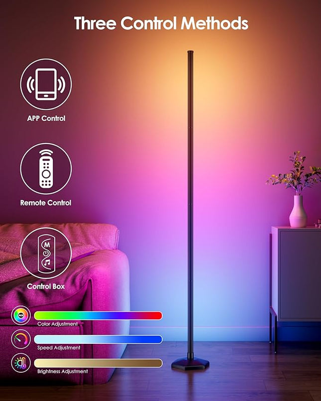 Corner Floor Lamp, 65" RGB Color Changing Mood Light with Remote Control, Dimmable LED Corner Lamp with Music Sync, Modern Floor Lamp for Living Room Gaming Room - LeafyLoom