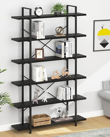 HSH 6 Tier Tall Black Bookshelf, Modern Large Storage Book Shelves & Display Book Shelf,Industrial Open Vertical Metal and Wood Black Bookcases 6 Shelf for Bedroom Living Room Office, Black Oak - LeafyLoom