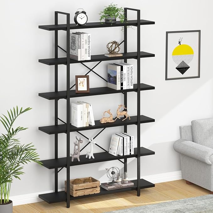 HSH 6 Tier Tall Black Bookshelf, Modern Large Storage Book Shelves & Display Book Shelf,Industrial Open Vertical Metal and Wood Black Bookcases 6 Shelf for Bedroom Living Room Office, Black Oak - LeafyLoom