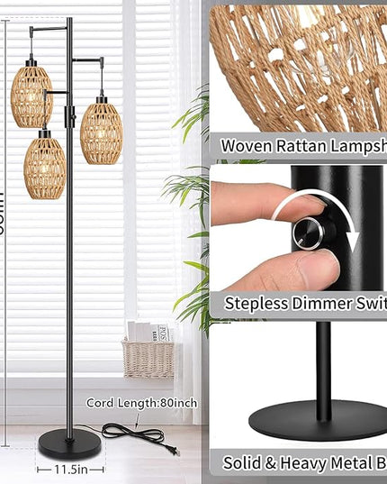 Boho Floor Lamps for Living Room Bedroom Rattan Floor Lamp With Three Wicker Woven Lampshades,Dimmable Rustic Floor Lamp Black Standing Lamp 68" Farmhouse Tall Three Floor Lamp For Bedroom Corner - LeafyLoom